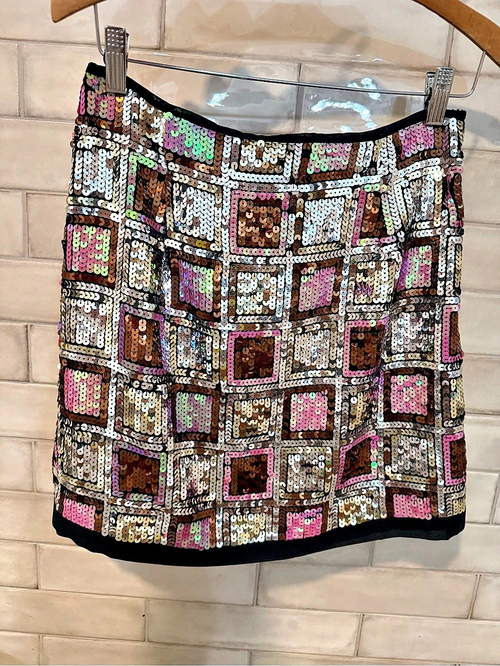 NWT CIEBON Sequin Mini Skirt Silver Pink bronze geometric lined Anthropologie M - Picture 7 of 15